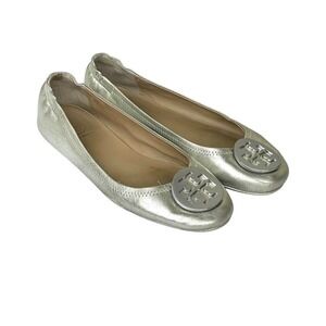 Tory Burch Ballet Flats Women 8 Silver Metallic Logo Leather.